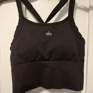 ALO Yoga Black Ribbed Crop Top and Pant Set